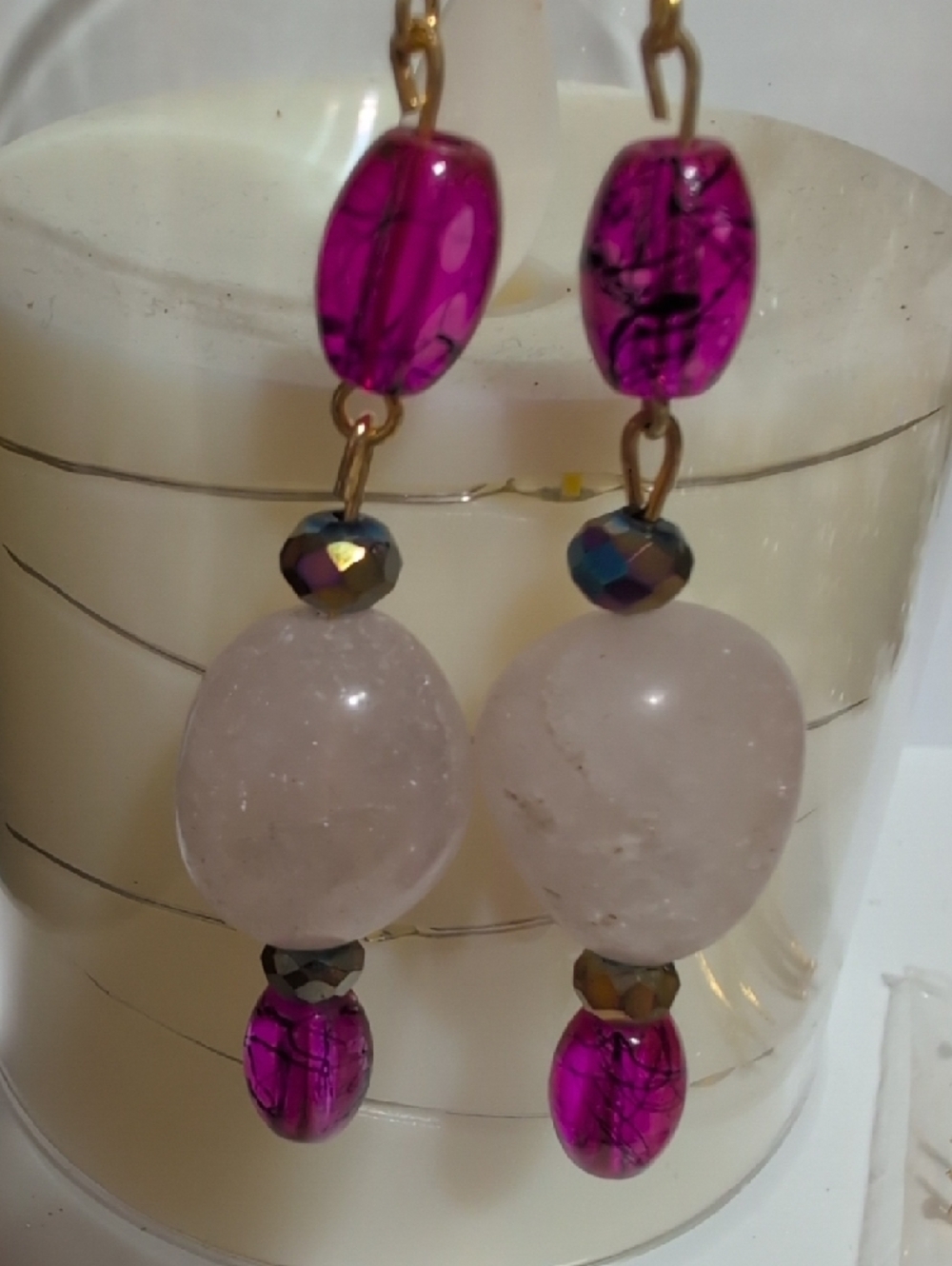 NWOT Handmade Gold-Tone Pink Stone Drop Earrings - Picture 3 of 5
